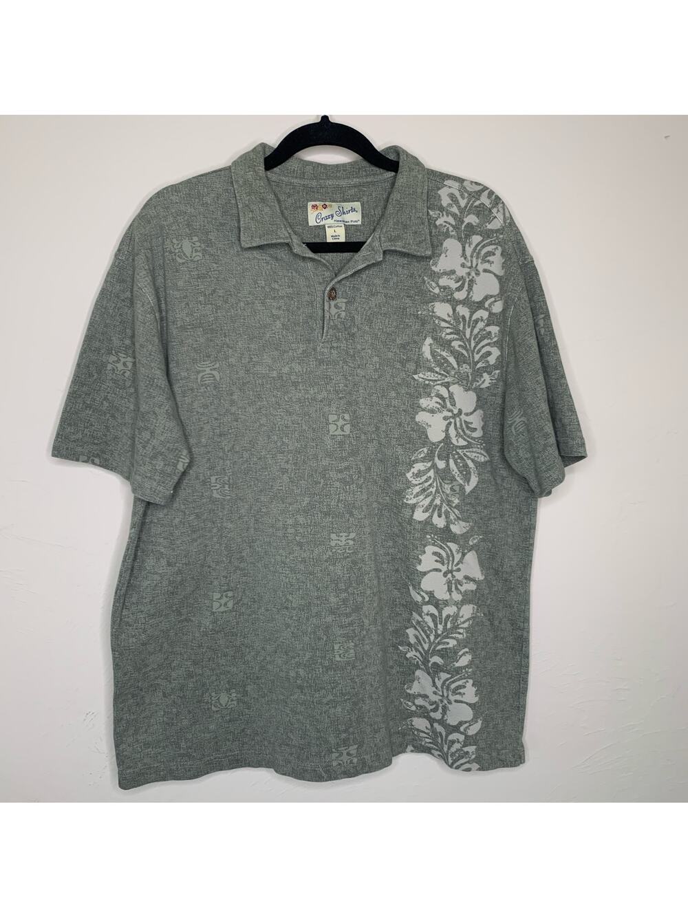 Crazy Shirts Hawaiian Polo Sz Large Cotton Pale Gray Green